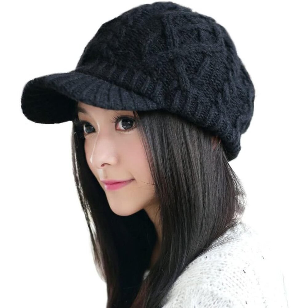 Warm Wool Blend Visor Beanie - Oversized Cable Kn… - image 1